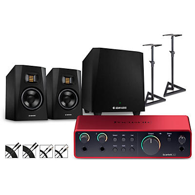 Focusrite Scarlett 2i2 4th Gen With Adam Audio T-Series Studio Monitor Pair & T10S Subwoofer Bundle (Stands & Cables Included)