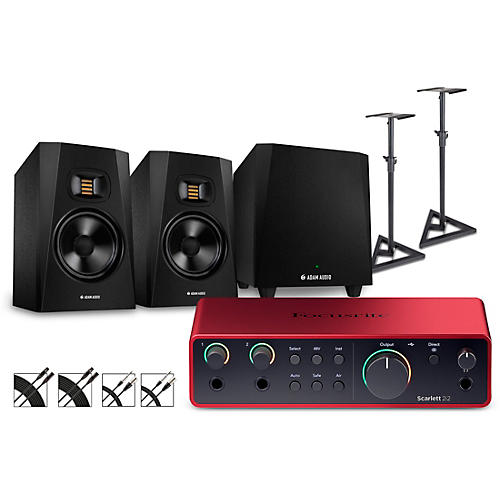 Focusrite Scarlett 2i2 4th Gen With Adam Audio T-Series Studio Monitor Pair & T10S Subwoofer Bundle (Stands & Cables Included) T7V