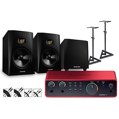 Focusrite Scarlett 2i2 4th Gen With Adam Audio T-Series Studio Monitor Pair & T10S Subwoofer Bundle (Stands & Cables Included)