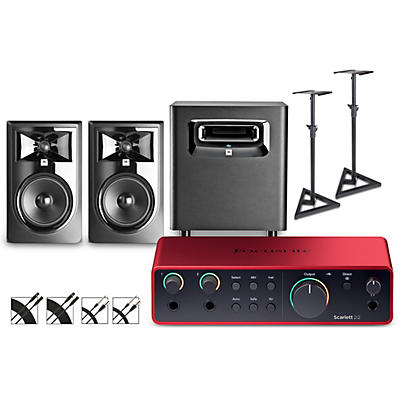 Focusrite Scarlett 2i2 4th Gen With JBL 3 Series Studio Monitor Pair & LSR Subwoofer Bundle With Stands & Cables Included