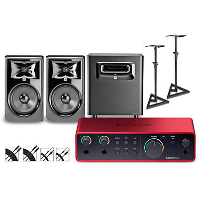 Focusrite Scarlett 2i2 4th Gen With JBL 3 Series Studio Monitor Pair & LSR Subwoofer Bundle With Stands & Cables Included