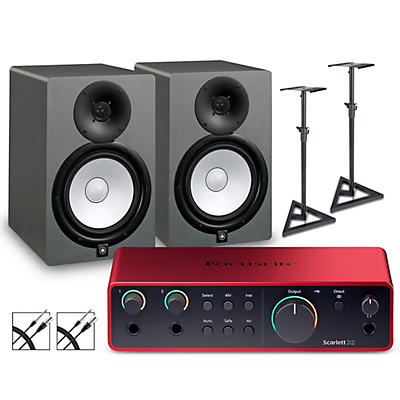 Focusrite Scarlett 2i2 4th Gen With Yamaha HS Studio Monitor Pair Bundle (Stands & Cables Included) -