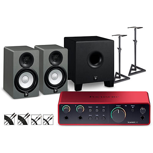 Focusrite Scarlett 2i2 4th Gen With Yamaha HS Studio Monitor Pair & HS8S Subwoofer Bundle (Stands & Cables Included) HS5 SG