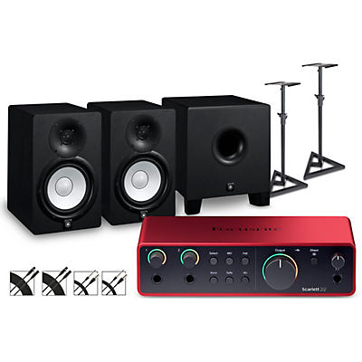 Focusrite Scarlett 2i2 4th Gen With Yamaha HS Studio Monitor Pair & HS8S Subwoofer Bundle (Stands & Cables Included)