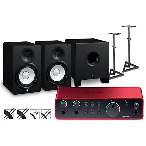 Focusrite Scarlett 2i2 4th Gen With Yamaha HS Studio Monitor Pair & HS8S Subwoofer Bundle (Stands & Cables Included) HS7