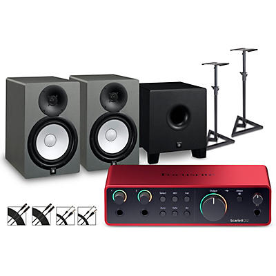 Focusrite Scarlett 2i2 4th Gen With Yamaha HS Studio Monitor Pair & HS8S Subwoofer Bundle (Stands & Cables Included)
