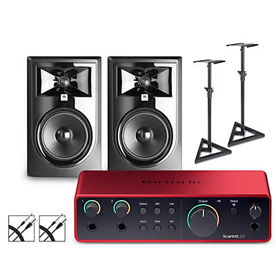 Focusrite Scarlett 2i2 Gen 4 With JBL 3 Series Studio Monitor Pair Bundle (Stands & Cables Included)