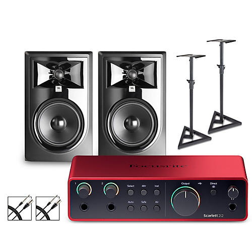 Focusrite Scarlett 2i2 Gen 4 With JBL 3 Series Studio Monitor Pair Bundle (Stands & Cables Included) 306MKII