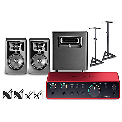Focusrite Scarlett 2i2 Gen 4 With JBL 3 Series Studio Monitor Pair & LSR Subwoofer Bundle With Stands & Cables Included