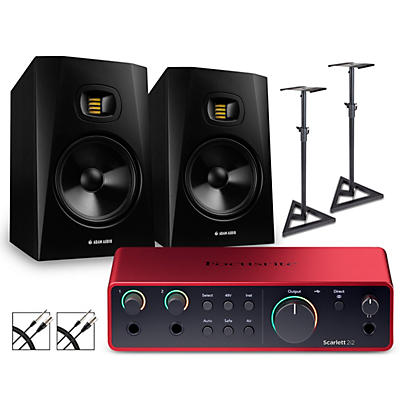 Focusrite Scarlett 2i2 Gen 4 with Adam Audio T-Series Studio Monitors (Stands & Cables Included)