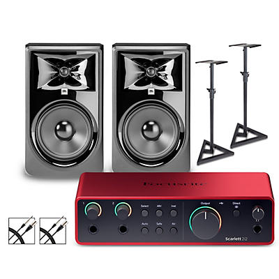 Focusrite Scarlett 2i2 Gen 4 with JBL 3 Series Studio Monitor Pair Bundle (Stands & Cables Included)