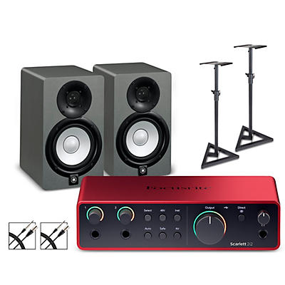 Focusrite Scarlett 2i2 Gen 4 with Yamaha HS Studio Monitor Pair Bundle (Stands & Cables Included)