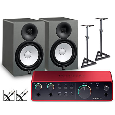 Focusrite Scarlett 2i2 Gen 4 with Yamaha HS Studio Monitor Pair Bundle (Stands & Cables Included)