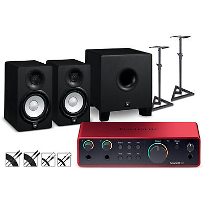 Focusrite Scarlett 2i2 Gen 4 with Yamaha HS Studio Monitor Pair & HS8S Subwoofer Bundle (Stands & Cables Included)