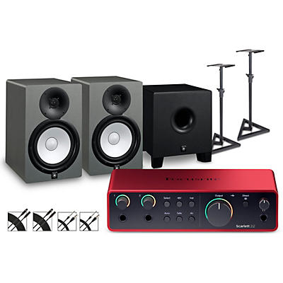 Focusrite Scarlett 2i2 Gen 4 with Yamaha HS Studio Monitor Pair & HS8S Subwoofer Bundle (Stands & Cables Included)