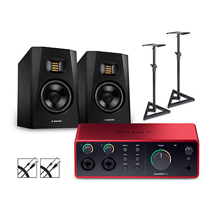 Focusrite Scarlett 4i4 4th Gen With Adam Audio T-Series Studio Monitor Pair Bundle (Stands & Cables Included)
