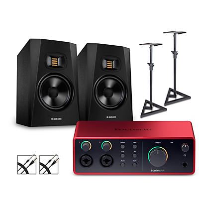 Focusrite Scarlett 4i4 4th Gen With Adam Audio T-Series Studio Monitor Pair Bundle (Stands & Cables Included)