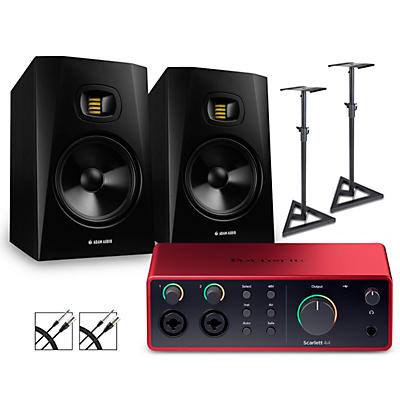 Focusrite Scarlett 4i4 4th Gen With Adam Audio T-Series Studio Monitor Pair Bundle (Stands & Cables Included)