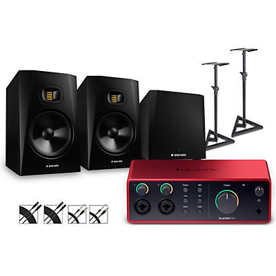 Focusrite Scarlett 4i4 4th Gen With Adam Audio T-Series Studio Monitor Pair & T10S Subwoofer Bundle (Stands & Cables Included) -