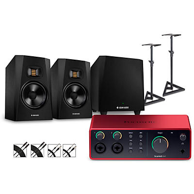 Focusrite Scarlett 4i4 4th Gen With Adam Audio T-Series Studio Monitor Pair & T10S Subwoofer Bundle (Stands & Cables Included)