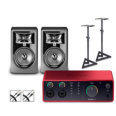 Focusrite Scarlett 4i4 4th Gen With JBL 3 Series Studio Monitor Pair Bundle (Stands & Cables Included)