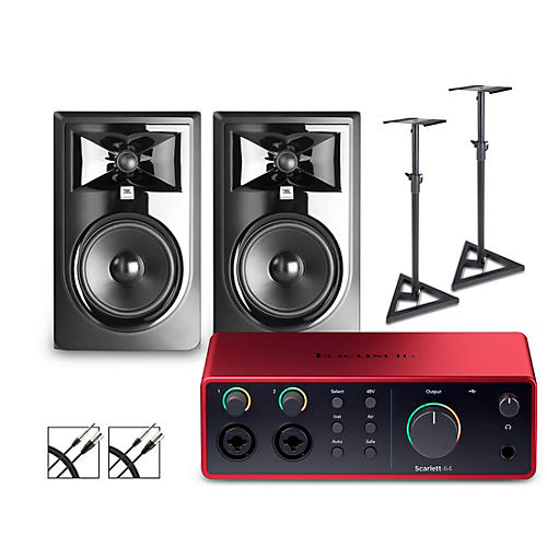 Focusrite Scarlett 4i4 4th Gen With JBL 3 Series Studio Monitor Pair Bundle (Stands & Cables Included) 306MKII
