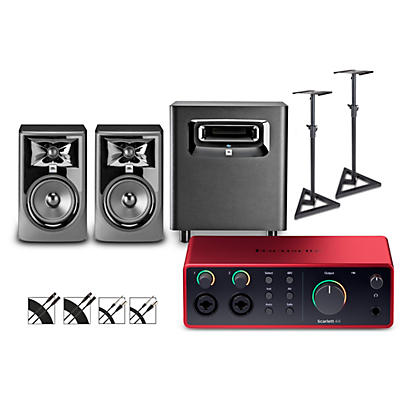 Focusrite Scarlett 4i4 4th Gen With JBL 3 Series Studio Monitor Pair & LSR Subwoofer Bundle (Stands & Cables Included)