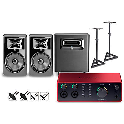 Focusrite Scarlett 4i4 4th Gen With JBL 3 Series Studio Monitor Pair & LSR Subwoofer Bundle (Stands & Cables Included)