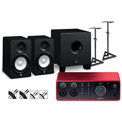 Focusrite Scarlett 4i4 4th Gen With Yamaha HS Studio Monitor Pair & HS8S Subwoofer Bundle (Stands & Cables Included) -