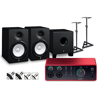 Focusrite Scarlett 4i4 4th Gen With Yamaha HS Studio Monitor Pair & HS8S Subwoofer Bundle (Stands & Cables Included) -