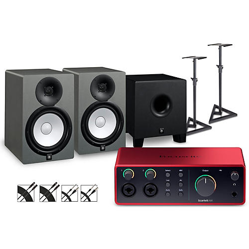 Focusrite Scarlett 4i4 4th Gen With Yamaha HS Studio Monitor Pair & HS8S Subwoofer Bundle (Stands & Cables Included) HS8 SG