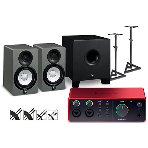 Focusrite Scarlett 4i4 Gen 4 With Yamaha HS Studio Monitor Pair & HS8S Subwoofer Bundle (Stands & Cables Included) HS5 SG