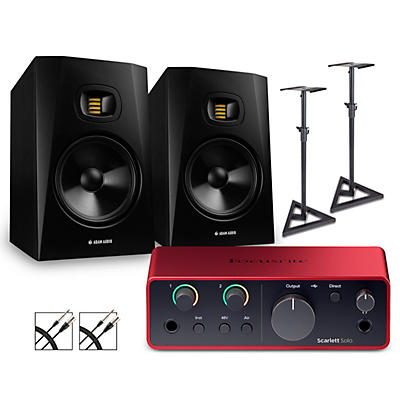 Focusrite Scarlett Solo 4th Gen With Adam Audio T-Series Studio Monitor Pair Bundle (Stands & Cables Included)