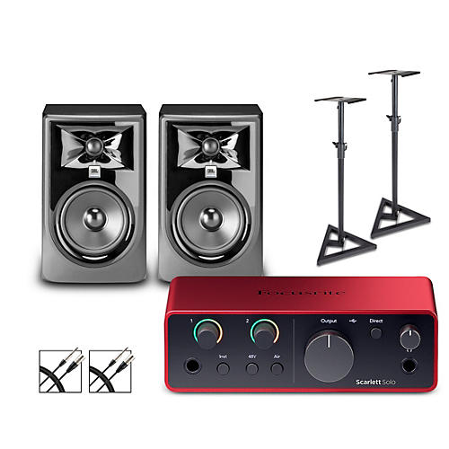 Focusrite Scarlett Solo 4th Gen With JBL 3 Series Studio Monitor Pair Bundle (Stands & Cables Included) 305MKII