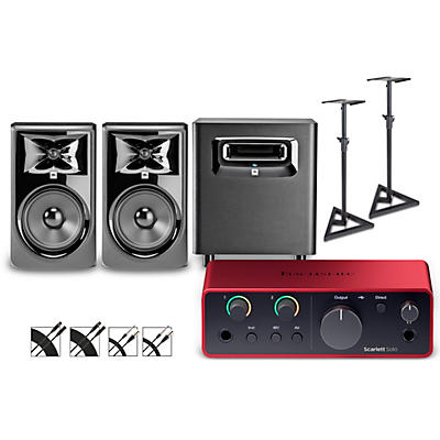 Focusrite Scarlett Solo 4th Gen With JBL 3 Series Studio Monitor Pair & LSR Subwoofer Bundle (Stands & Cables Included)