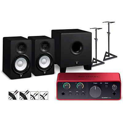 Focusrite Scarlett Solo 4th Gen With Yamaha HS Studio Monitor Pair & HS8S Subwoofer Bundle (Stands & Cables Included)