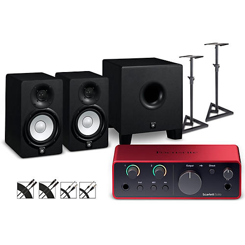 Focusrite Scarlett Solo 4th Gen With Yamaha HS Studio Monitor Pair & HS8S Subwoofer Bundle (Stands & Cables Included) HS5