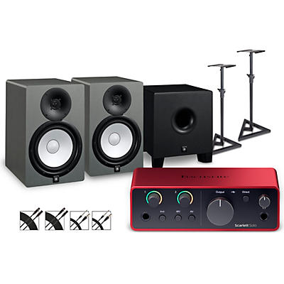 Focusrite Scarlett Solo 4th Gen With Yamaha HS Studio Monitor Pair & HS8S Subwoofer Bundle (Stands & Cables Included)