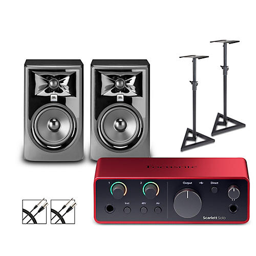 Focusrite Scarlett Solo Gen 4 With JBL 3 Series Studio Monitor Pair Bundle (Stands & Cables Included) 305MKII