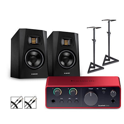 Focusrite Scarlett Solo Gen 4 with Adam Audio T-Series Studio Monitor Pair Bundle (Stands & Cables Included)