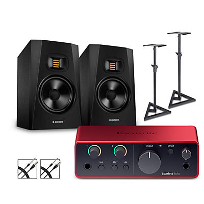 Focusrite Scarlett Solo Gen 4 with Adam Audio T-Series Studio Monitor Pair Bundle (Stands & Cables Included)