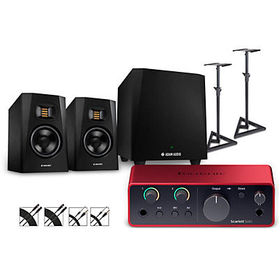 Focusrite Scarlett Solo Gen 4 with Adam Audio T-Series Studio Monitor Pair & T10S Subwoofer Bundle (Stands & Cables Included)
