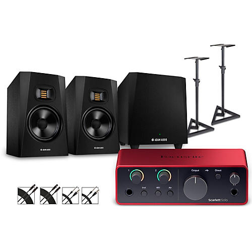 Focusrite Scarlett Solo Gen 4 with Adam Audio T-Series Studio Monitor Pair & T10S Subwoofer Bundle (Stands & Cables Included) T7V