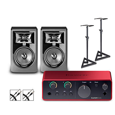 Focusrite Scarlett Solo Gen 4 with JBL 3 Series Studio Monitor Pair Bundle (Stands & Cables Included)