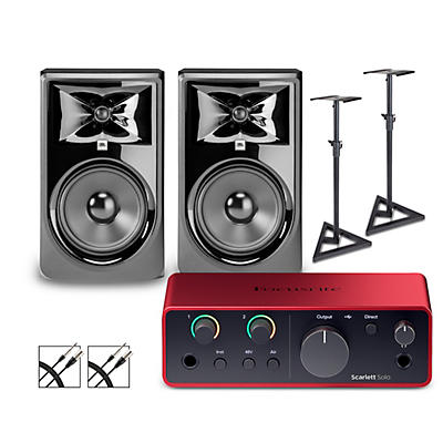 Focusrite Scarlett Solo Gen 4 with JBL 3 Series Studio Monitor Pair Bundle (Stands & Cables Included)