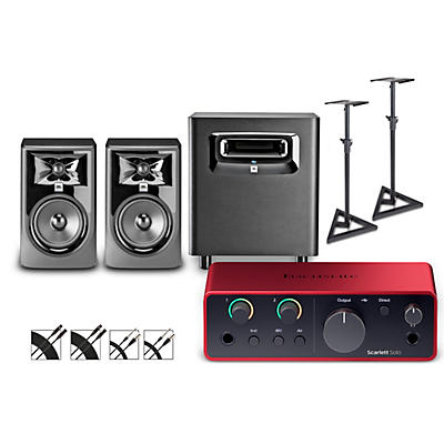 Focusrite Scarlett Solo Gen 4 with JBL 3 Series Studio Monitor Pair & LSR Subwoofer Bundle (Stands & Cables Included)