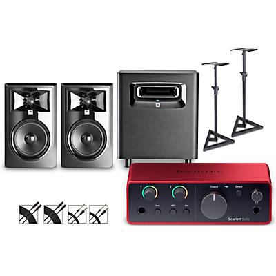 Focusrite Scarlett Solo Gen 4 with JBL 3 Series Studio Monitor Pair & LSR Subwoofer Bundle (Stands & Cables Included)