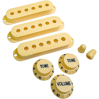 AxLabs Set Of Single Coil Pickup Covers In Modern Spacing (52/50/48), Two Switch Tips, And Three Knobs (Black Lettering)
