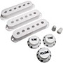 AxLabs Set Of Single Coil Pickup Covers In Modern Spacing (52/50/48), Two Switch Tips, And Three Knobs (Black Lettering) White