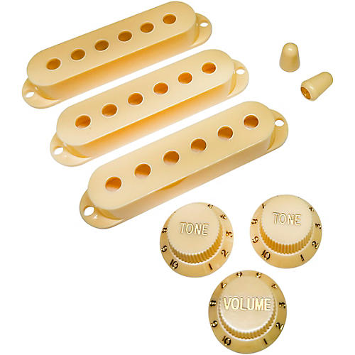 AxLabs Set Of Single Coil Pickup Covers In Modern Spacing (52/50/48), Two Switch Tips, And Three Knobs (Gold Lettering) Aged White/Cream
